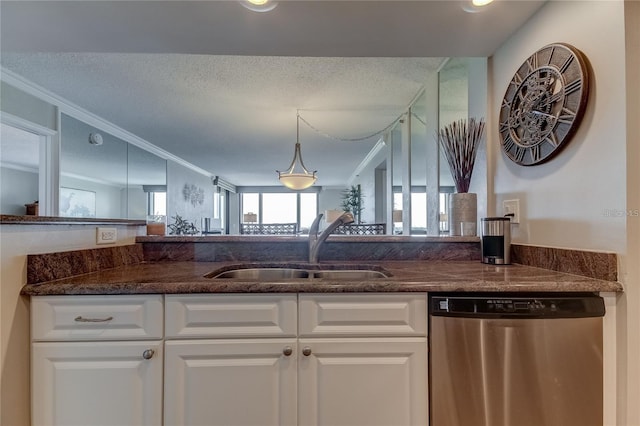 kitchen featuring white cabinetry, ornamental molding, dishwasher, and sink