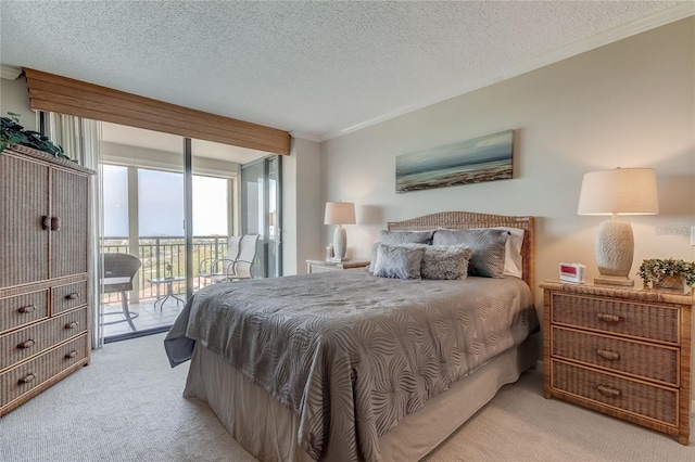 bedroom featuring crown molding, light colored carpet, a textured ceiling, and access to outside