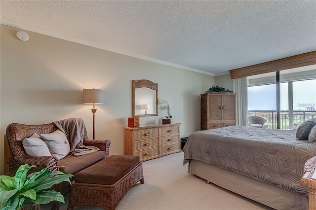 carpeted bedroom featuring access to exterior, crown molding, and a textured ceiling