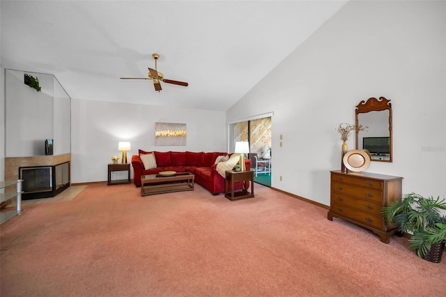 living room with light carpet, vaulted ceiling, ceiling fan, and a multi sided fireplace