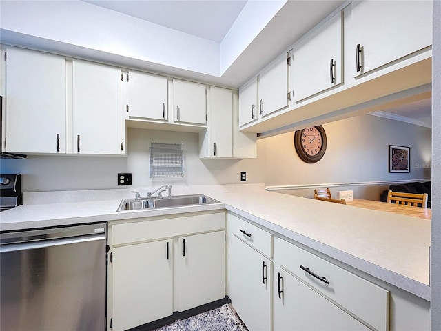 kitchen with crown molding, dishwasher, white cabinets, and sink