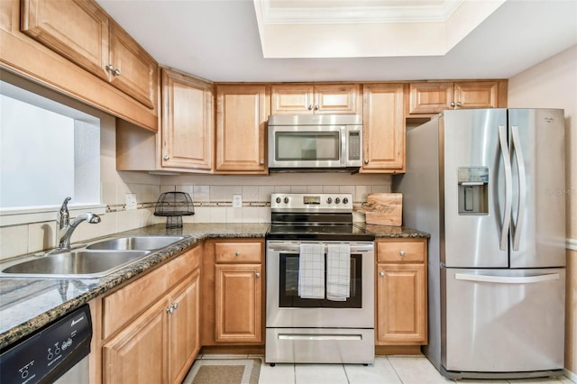 kitchen featuring sink, stainless steel appliances, decorative backsplash, and a tray ceiling