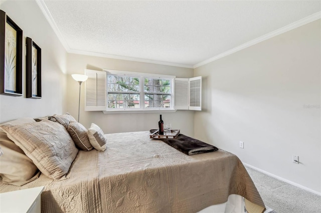 carpeted bedroom featuring a textured ceiling and ornamental molding