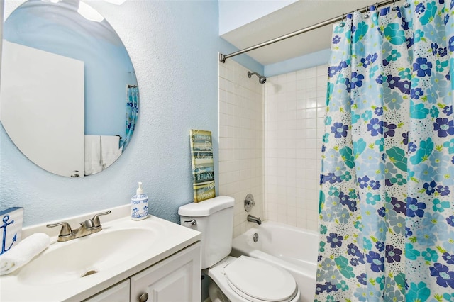 full bathroom with shower / bath combo with shower curtain, toilet, and vanity