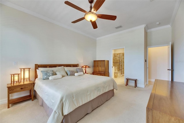 bedroom with visible vents, ornamental molding, a ceiling fan, baseboards, and light colored carpet