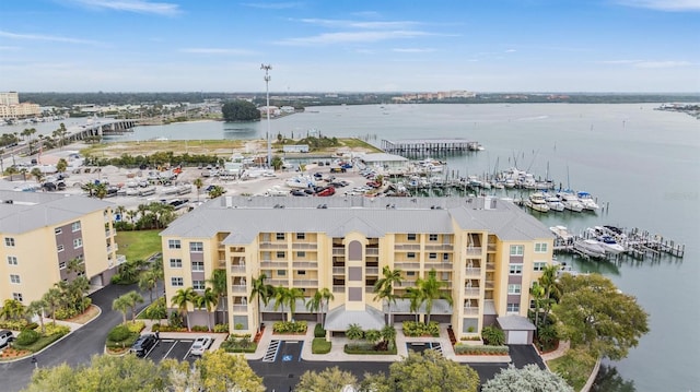 bird's eye view with a water view