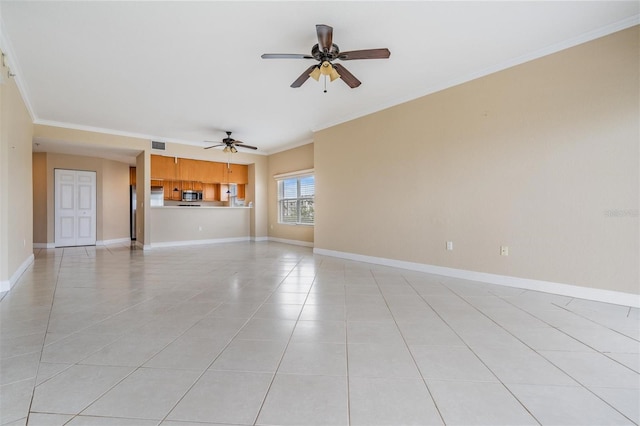 unfurnished living room featuring ceiling fan, light tile patterned floors, and crown molding