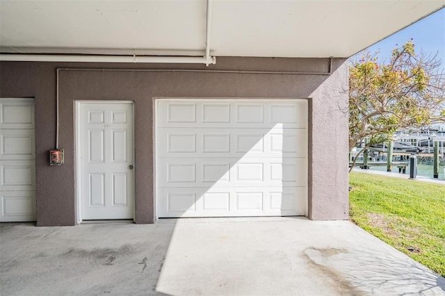 garage with a water view