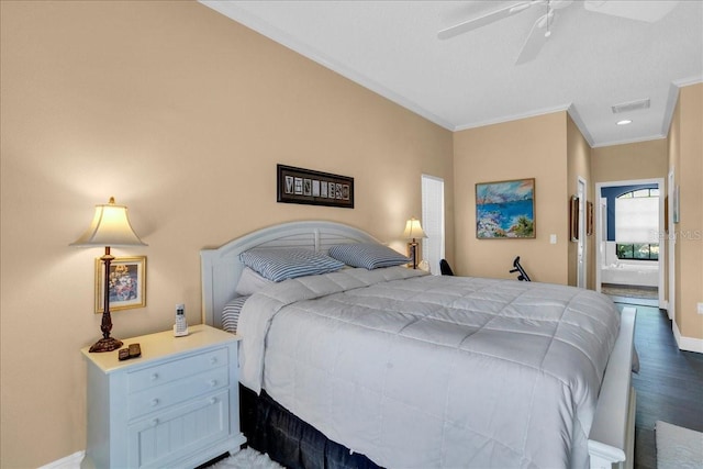 bedroom with hardwood / wood-style floors, ceiling fan, and crown molding