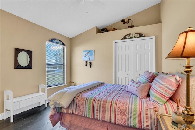 bedroom featuring dark hardwood / wood-style flooring, a closet, and lofted ceiling