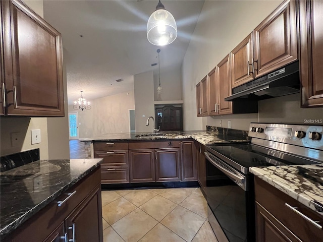 kitchen with stainless steel electric stove, decorative light fixtures, light tile patterned floors, and an inviting chandelier