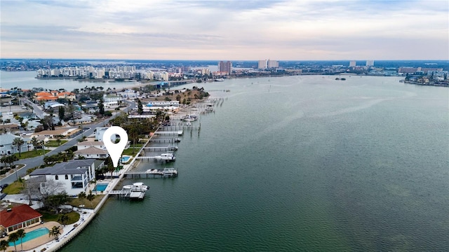 aerial view featuring a water view