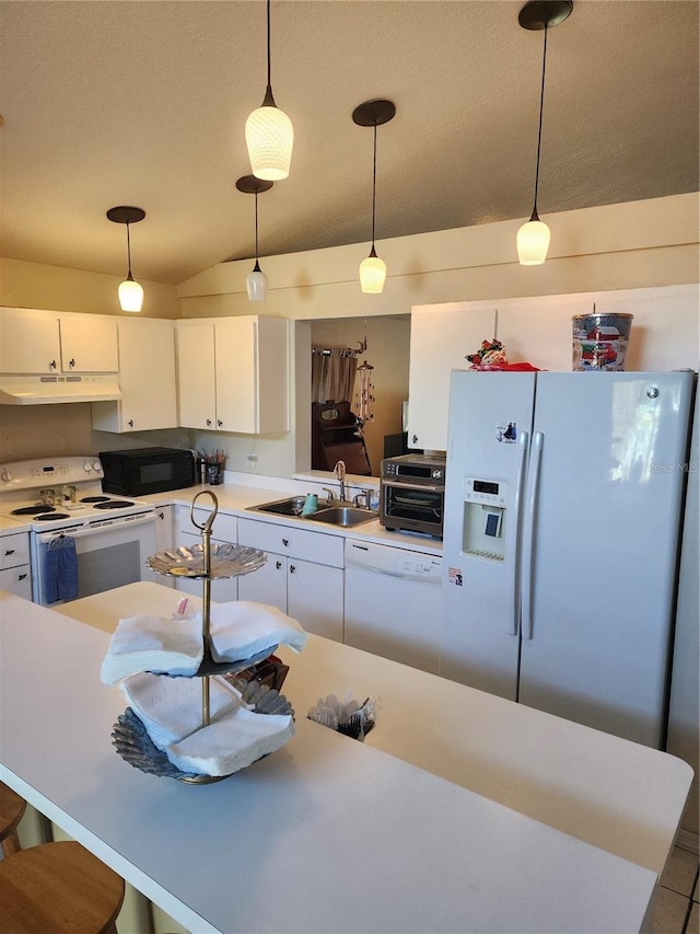 kitchen featuring white cabinetry, sink, pendant lighting, lofted ceiling, and white appliances