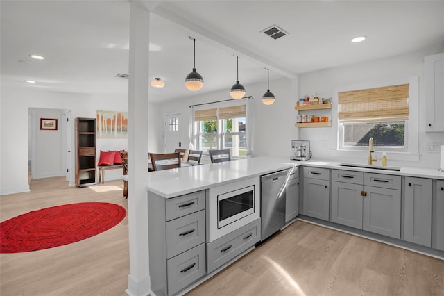 kitchen with appliances with stainless steel finishes, light hardwood / wood-style flooring, gray cabinetry, and sink