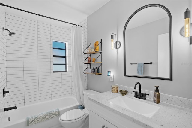 full bathroom featuring toilet, vanity, and shower / bath combo with shower curtain