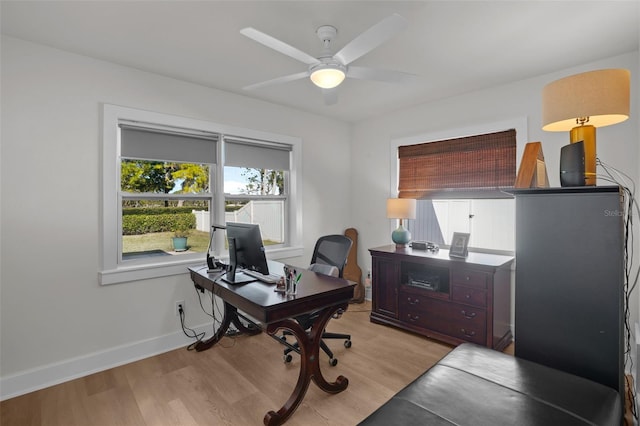 office area featuring ceiling fan and light hardwood / wood-style floors