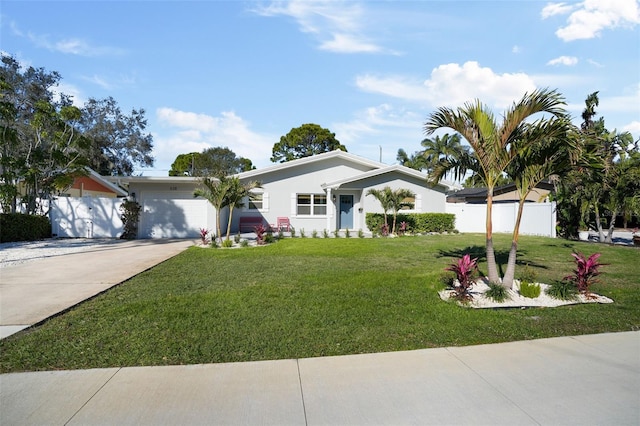 ranch-style home featuring a garage and a front lawn