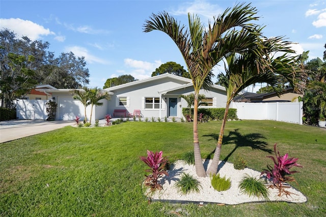 view of front of home with stucco siding, a front lawn, fence, concrete driveway, and an attached garage