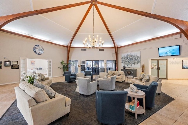 tiled living room with beam ceiling, high vaulted ceiling, and a chandelier