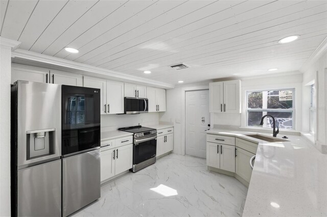 kitchen with wooden ceiling, white cabinets, crown molding, sink, and stainless steel appliances