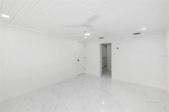 spare room with ceiling fan, ornamental molding, and wooden ceiling