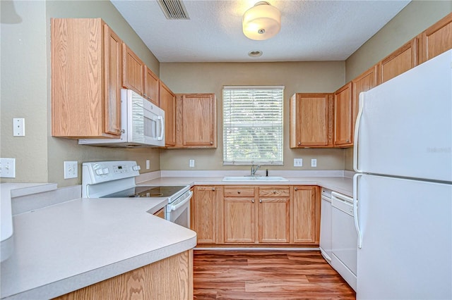 kitchen featuring white appliances, sink, light hardwood / wood-style flooring, a textured ceiling, and light brown cabinetry