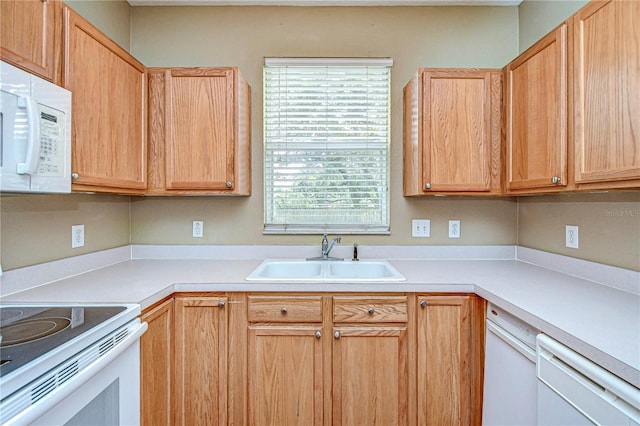 kitchen featuring light brown cabinetry, sink, and white appliances