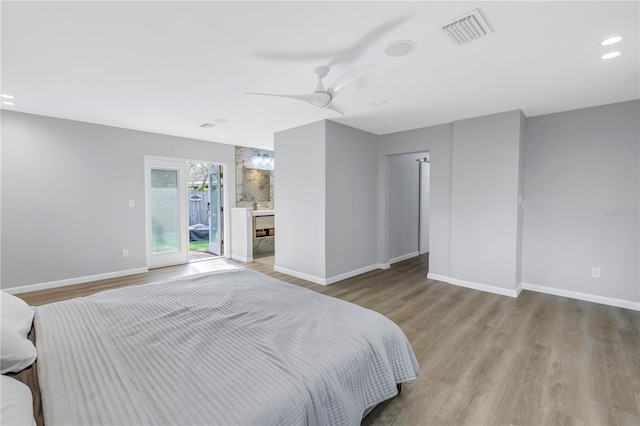 bedroom with access to outside, ceiling fan, and light hardwood / wood-style floors