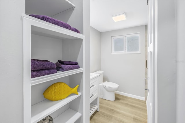 bathroom featuring vanity, wood-type flooring, and toilet