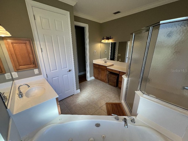 bathroom featuring tile patterned flooring, vanity, separate shower and tub, and ornamental molding