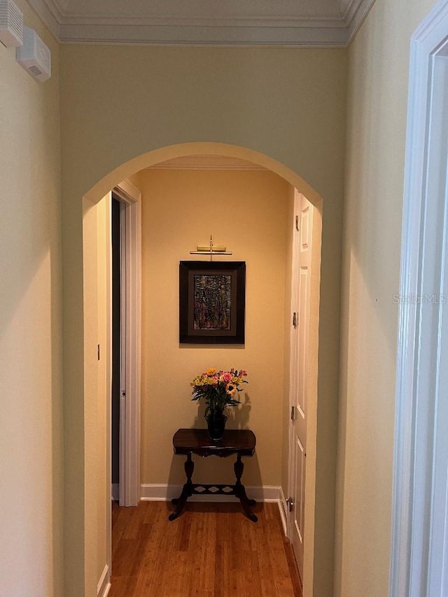 hallway with hardwood / wood-style flooring and ornamental molding