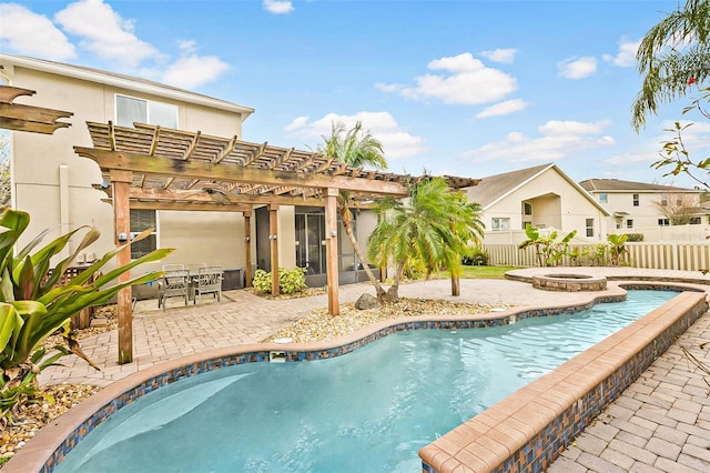 view of pool featuring a pergola, a patio area, and an in ground hot tub