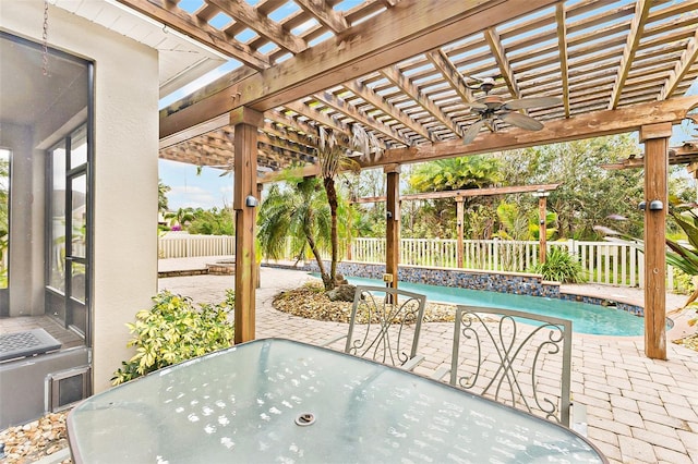 view of patio / terrace featuring a sunroom, a fenced in pool, and a pergola