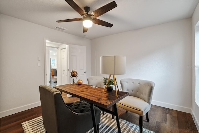 office area featuring dark hardwood / wood-style flooring and ceiling fan