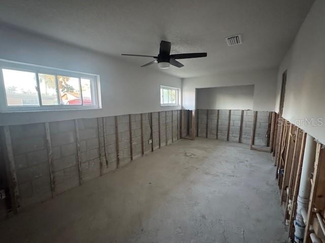 basement with ceiling fan