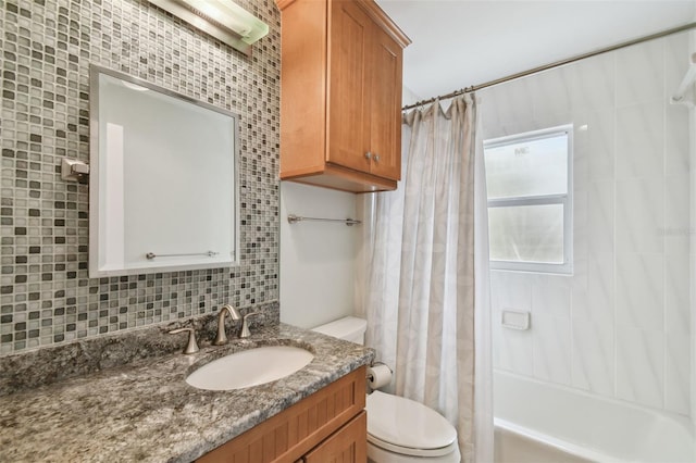 full bathroom with toilet, vanity, decorative backsplash, and shower / tub combo with curtain