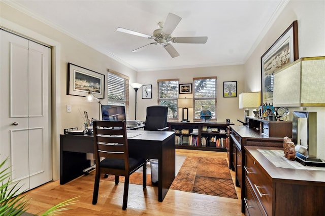 office space with ceiling fan, ornamental molding, and light hardwood / wood-style floors