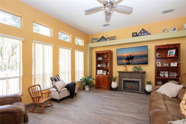 living room featuring ceiling fan