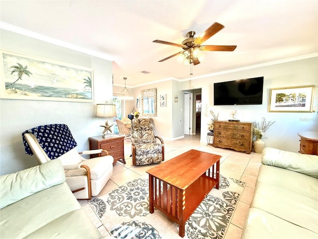 tiled living room with ceiling fan and ornamental molding