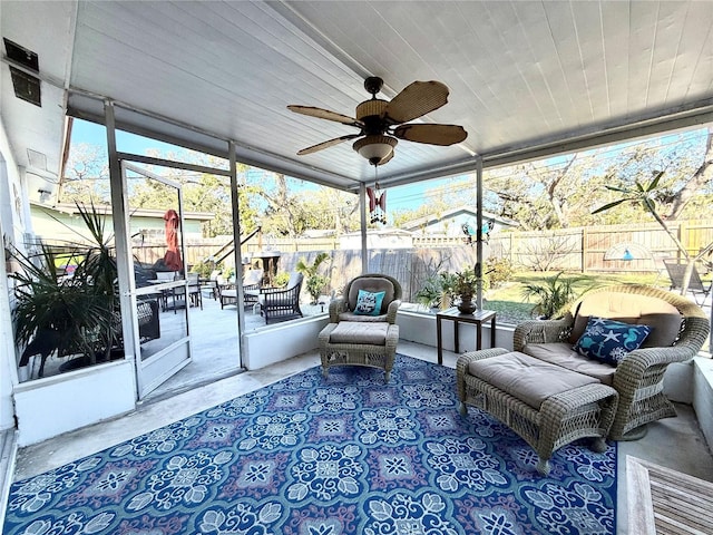 sunroom / solarium featuring ceiling fan and wood ceiling