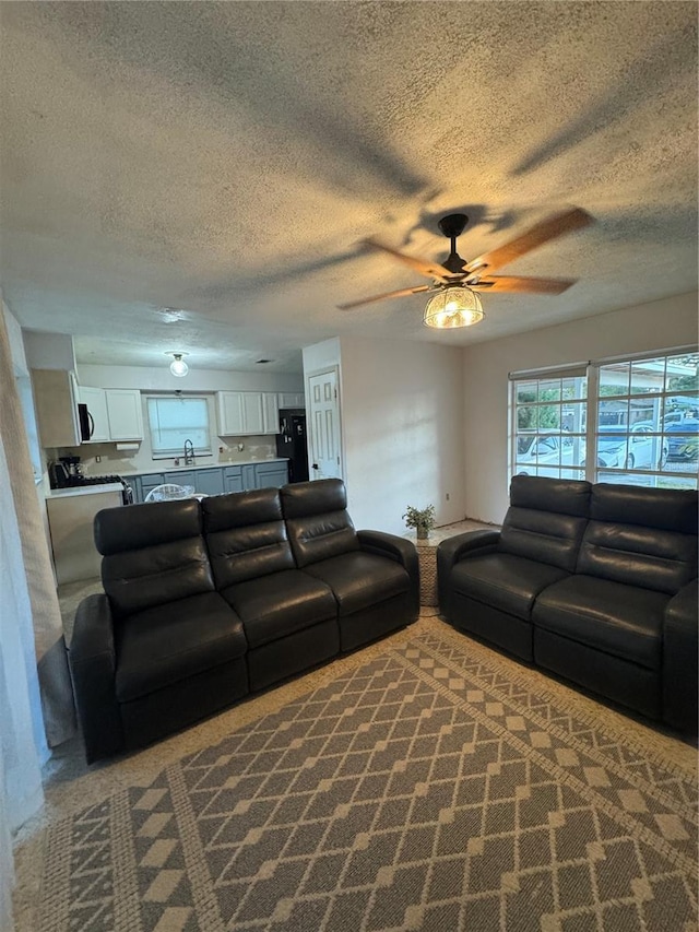 living room with ceiling fan, carpet floors, and sink