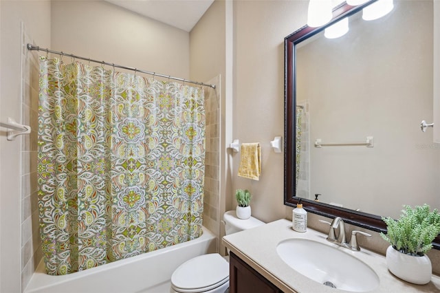 full bathroom with vanity, toilet, and shower / tub combo with curtain