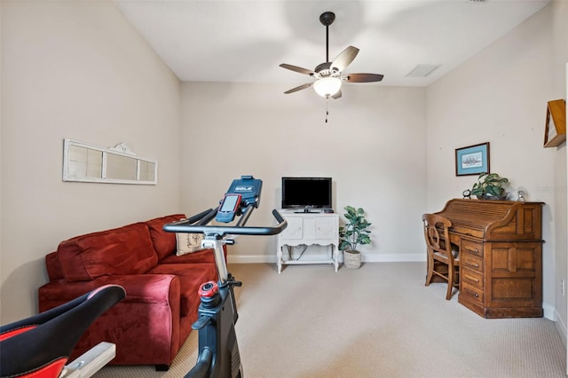 sitting room featuring carpet flooring and ceiling fan