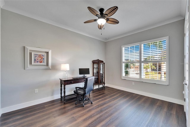 office with ceiling fan, crown molding, and dark hardwood / wood-style floors