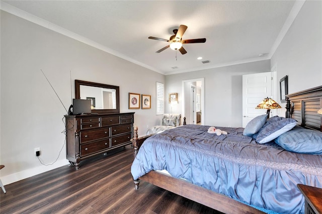 bedroom with ceiling fan, dark hardwood / wood-style flooring, ornamental molding, and ensuite bathroom