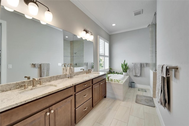 bathroom with crown molding, tile patterned flooring, separate shower and tub, and vanity