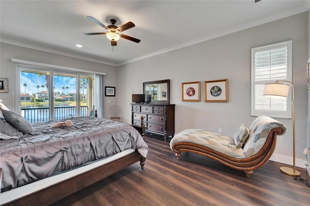 1308 Alhambra Dr, Apollo Beach, FL 33572 - bedroom featuring access to exterior, wood finished floors, crown molding, recessed lighting, and a ceiling fan