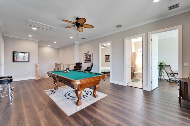 1308 Alhambra Dr, Apollo Beach, FL 33572 - game room with billiards table, ceiling fan, dark wood-style flooring, ornamental molding, and recessed lighting