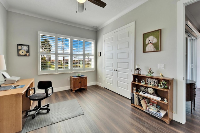 1308 Alhambra Dr, Apollo Beach, FL 33572 - home office featuring ceiling fan, dark wood-style floors, and crown molding