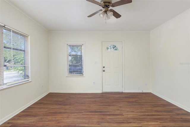 foyer entrance with dark hardwood / wood-style flooring, crown molding, and ceiling fan